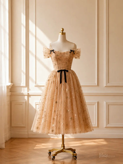 Champagne Star Tulle Tea-Length Prom Dresses with Off-Shoulder Sleeves & Corset Back TU030