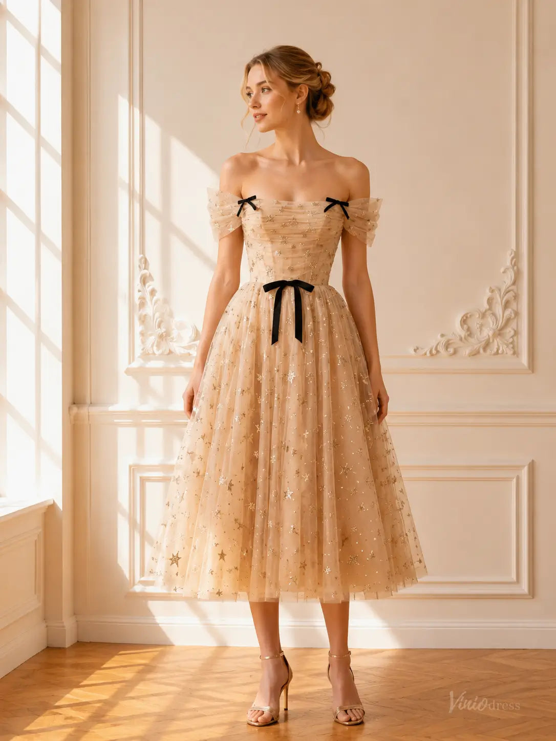 Champagne Star Tulle Tea-Length Prom Dresses with Off-Shoulder Sleeves & Corset Back TU030