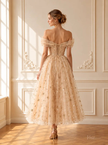 Champagne Star Tulle Tea-Length Prom Dresses with Off-Shoulder Sleeves & Corset Back TU030