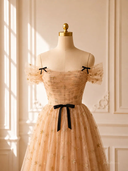 Champagne Star Tulle Tea-Length Prom Dresses with Off-Shoulder Sleeves & Corset Back TU030