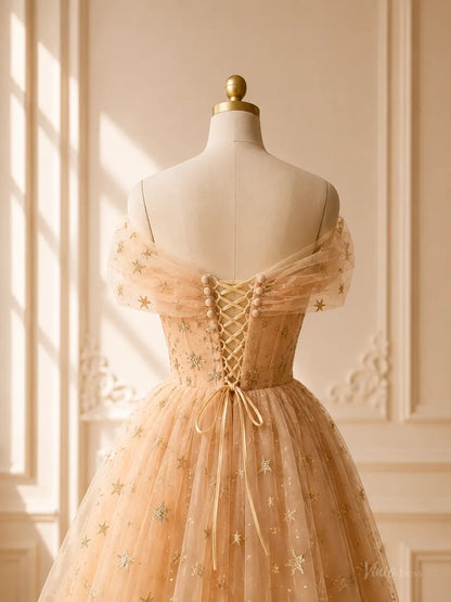 Champagne Star Tulle Tea-Length Prom Dresses with Off-Shoulder Sleeves & Corset Back TU030
