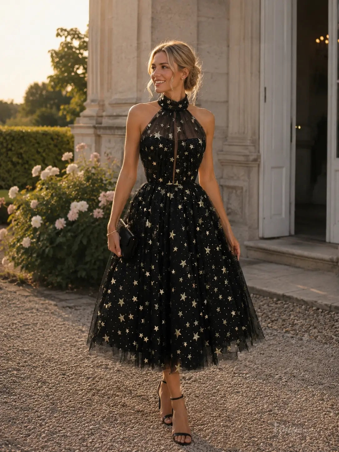Black Star Tulle Tea-Length Prom Dresses with Halter Neck TU031