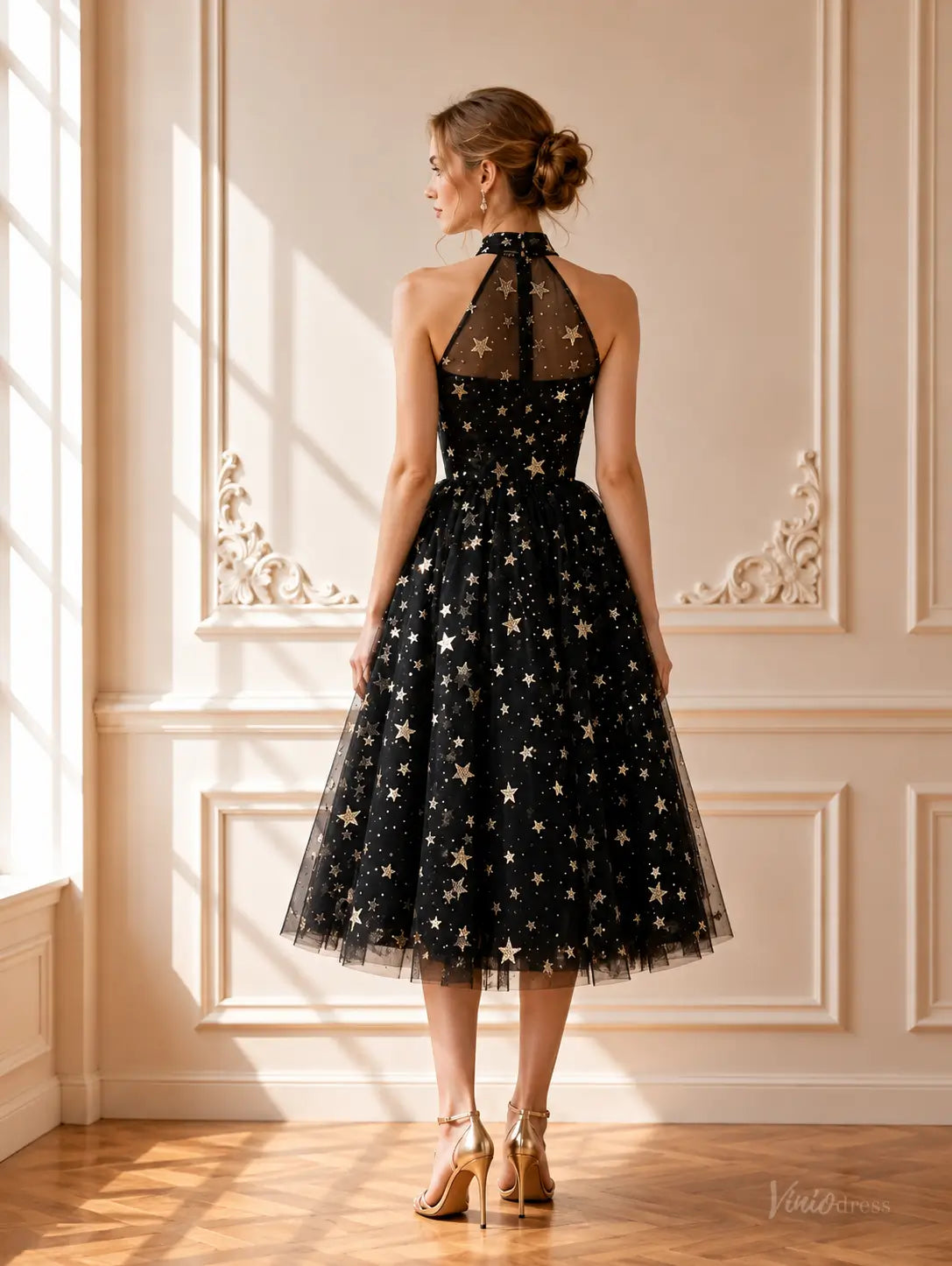 Black Star Tulle Tea-Length Prom Dresses with Halter Neck TU031