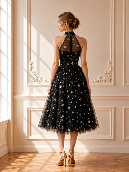 Black Star Tulle Tea-Length Prom Dresses with Halter Neck TU031