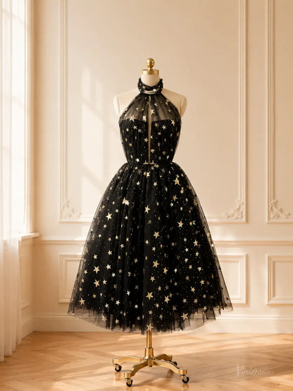Black Star Tulle Tea-Length Prom Dresses with Halter Neck TU031