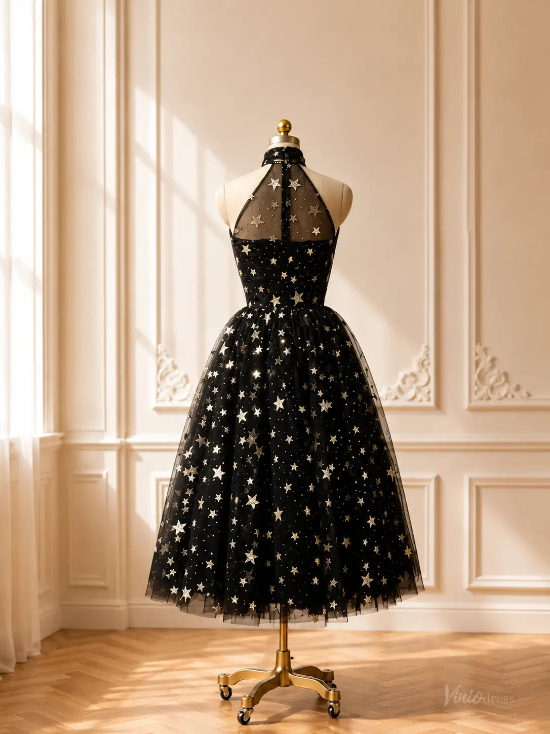 Black Star Tulle Tea-Length Prom Dresses with Halter Neck TU031