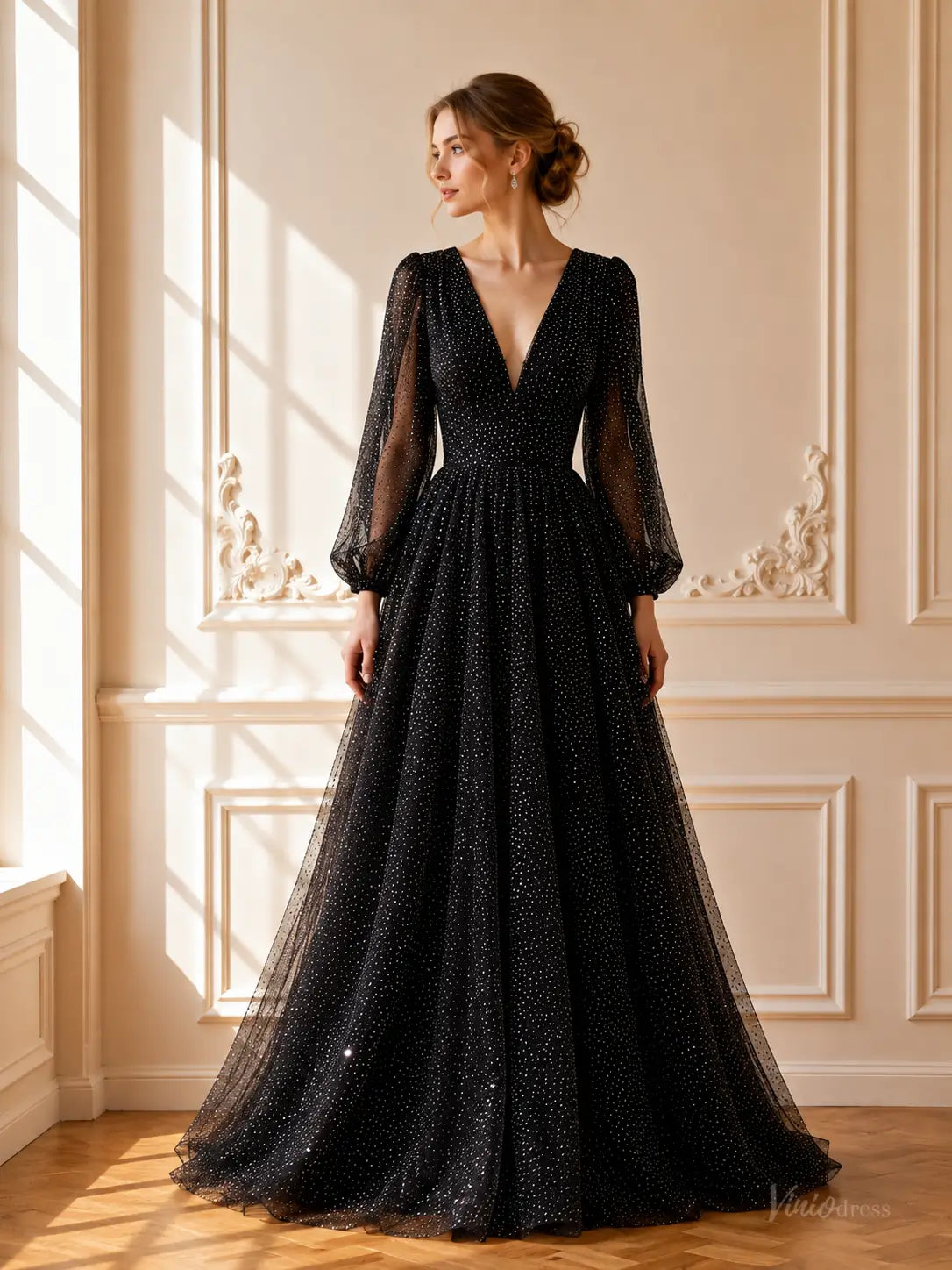 Black Sparkly Tulle Prom Dresses with Long Sleeves & Deep V-Neck TU034