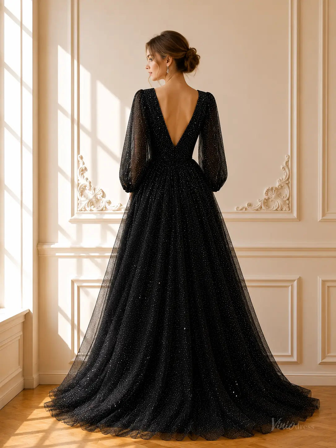 Black Sparkly Tulle Prom Dresses with Long Sleeves & Deep V-Neck TU034