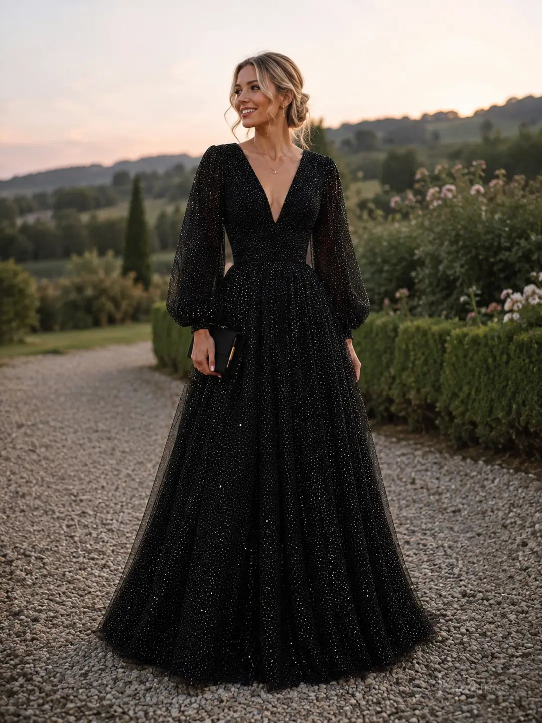 Black Sparkly Tulle Prom Dresses with Long Sleeves & Deep V-Neck TU034