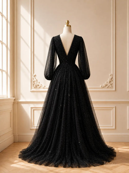 Black Sparkly Tulle Prom Dresses with Long Sleeves & Deep V-Neck TU034