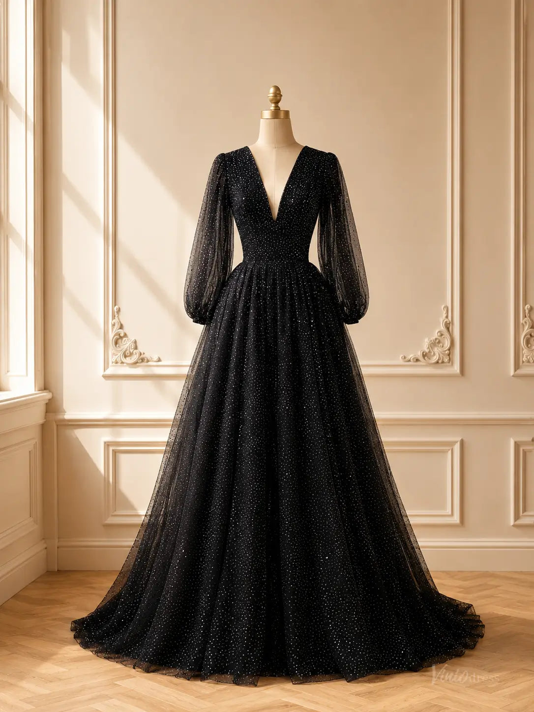 Black Sparkly Tulle Prom Dresses with Long Sleeves & Deep V-Neck TU034