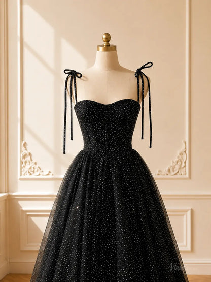 Black Sparkly Tulle Tea-Length Prom Dresses with Bow Tie Straps TU035