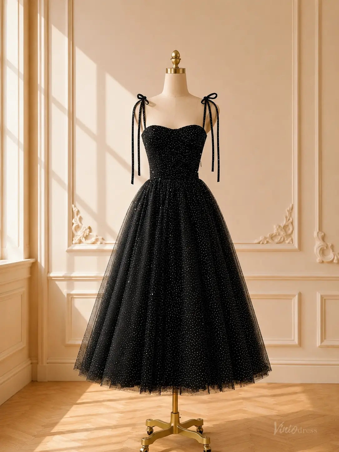 Black Sparkly Tulle Tea-Length Prom Dresses with Bow Tie Straps TU035