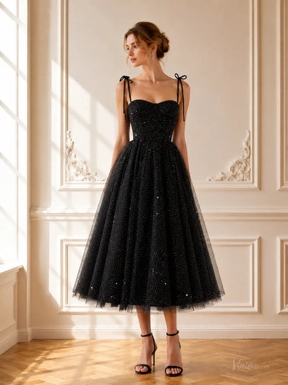 Black Sparkly Tulle Tea-Length Prom Dresses with Bow Tie Straps TU035