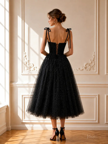 Black Sparkly Tulle Tea-Length Prom Dresses with Bow Tie Straps TU035