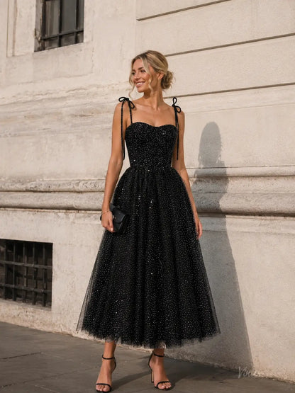 Black Sparkly Tulle Tea-Length Prom Dresses with Bow Tie Straps TU035