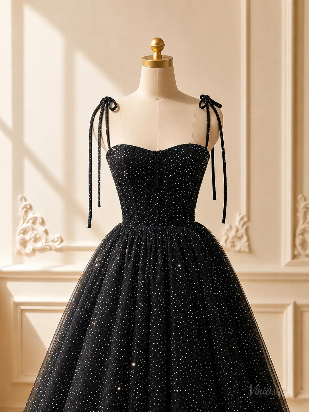 Black Sparkly Tulle Tea-Length Prom Dresses with Bow Tie Straps TU035