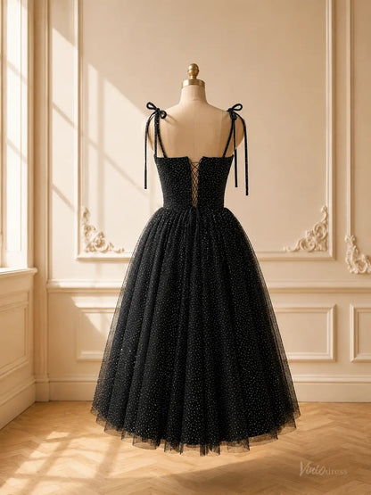 Black Sparkly Tulle Tea-Length Prom Dresses with Bow Tie Straps TU035