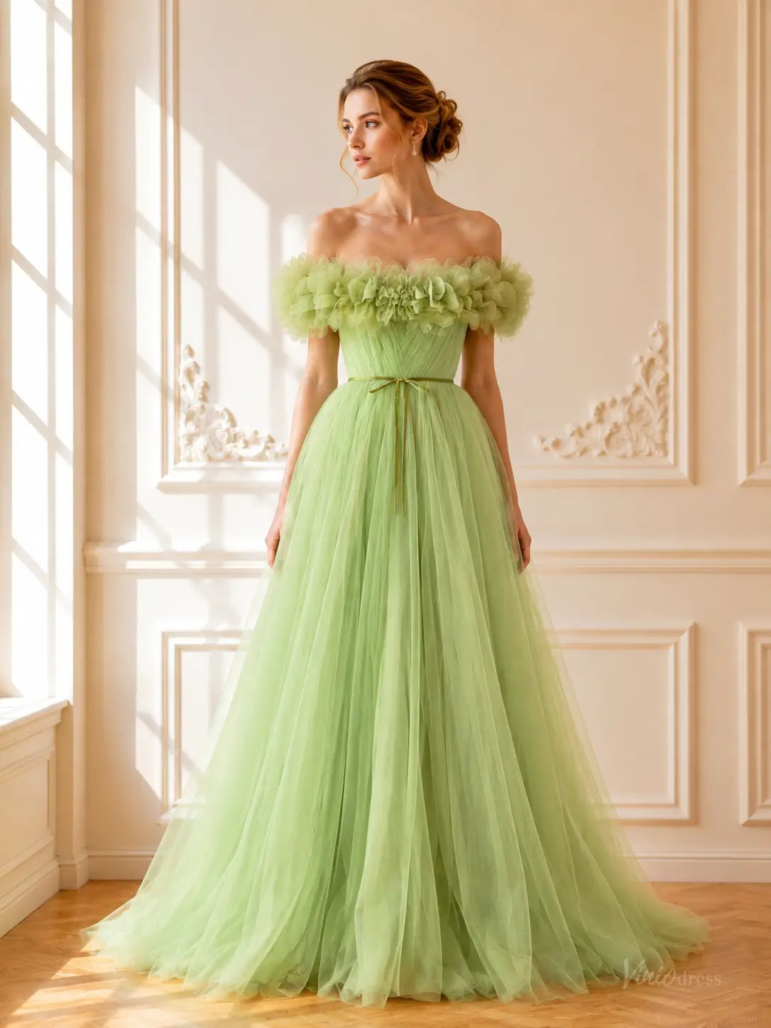 Sage Green Tulle Prom Dresses with 3D Ruffle Flowers, Off-Shoulder Neckline & Corset Back TU037