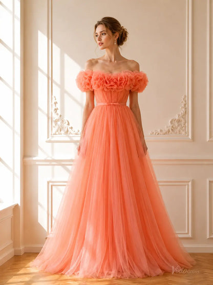Sage Green Tulle Prom Dresses with 3D Ruffle Flowers, Off-Shoulder Neckline & Corset Back TU037