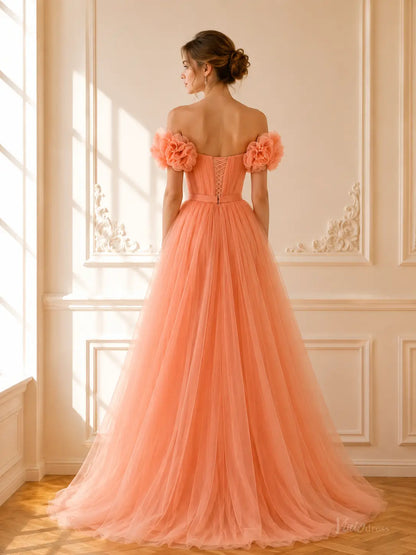 Sage Green Tulle Prom Dresses with 3D Ruffle Flowers, Off-Shoulder Neckline & Corset Back TU037