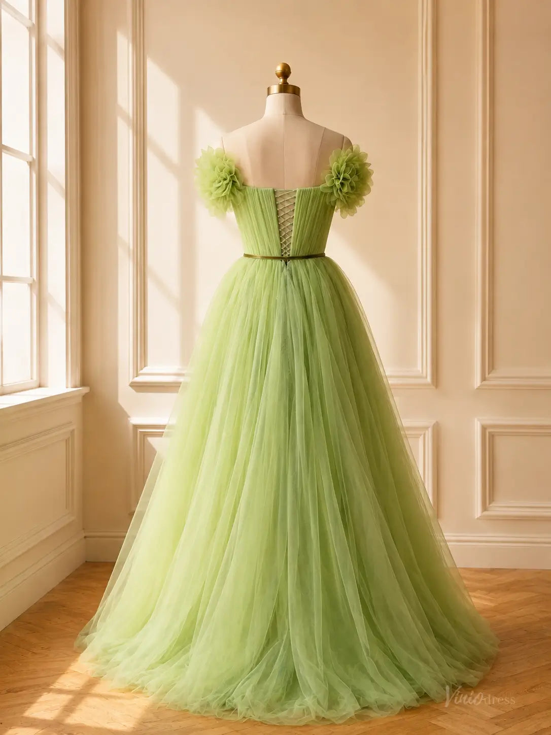 Sage Green Tulle Prom Dresses with 3D Ruffle Flowers, Off-Shoulder Neckline & Corset Back TU037