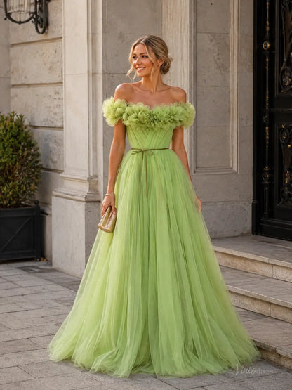 Sage Green Tulle Prom Dresses with 3D Ruffle Flowers, Off-Shoulder Neckline & Corset Back TU037