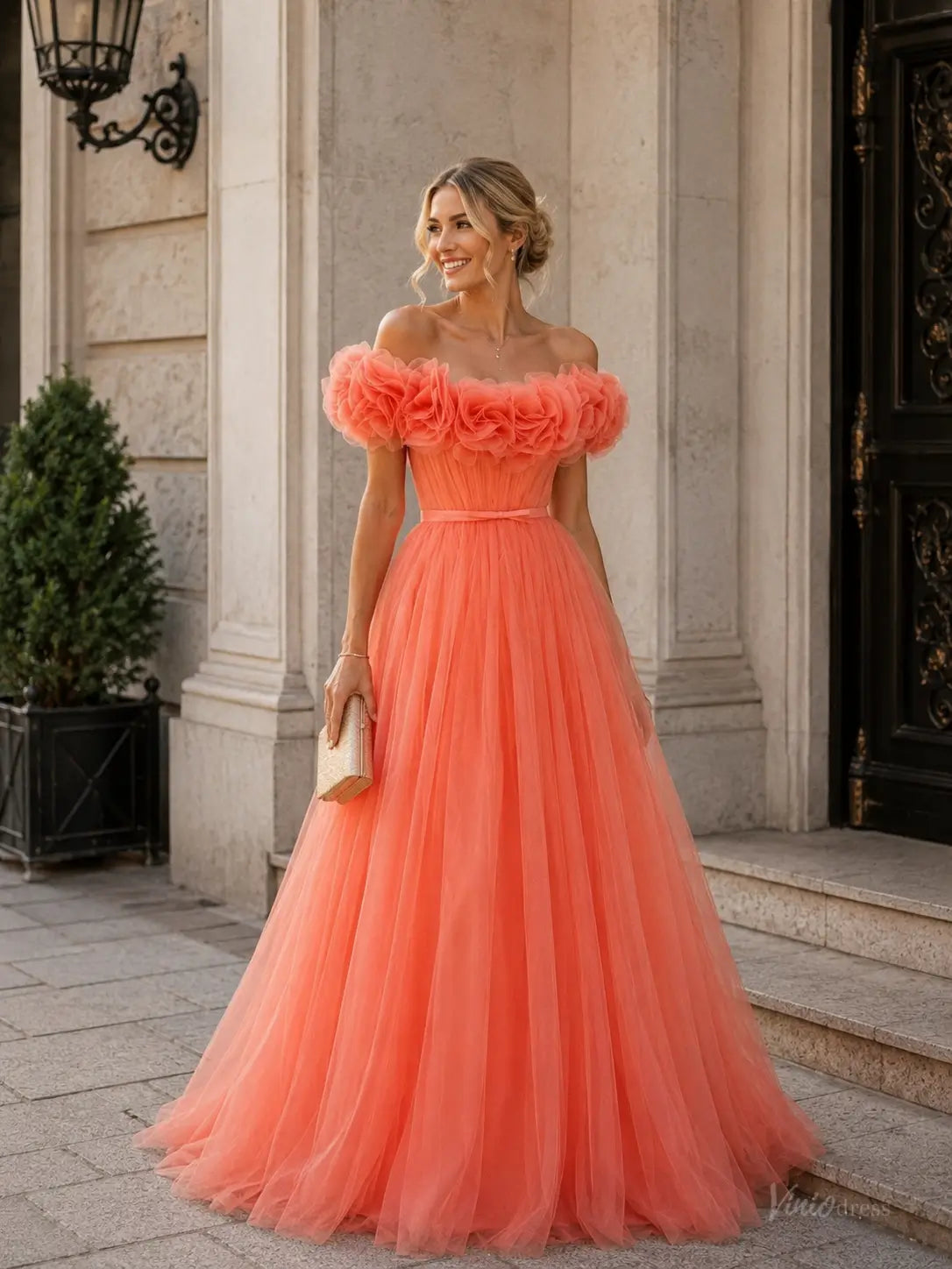Sage Green Tulle Prom Dresses with 3D Ruffle Flowers, Off-Shoulder Neckline & Corset Back TU037