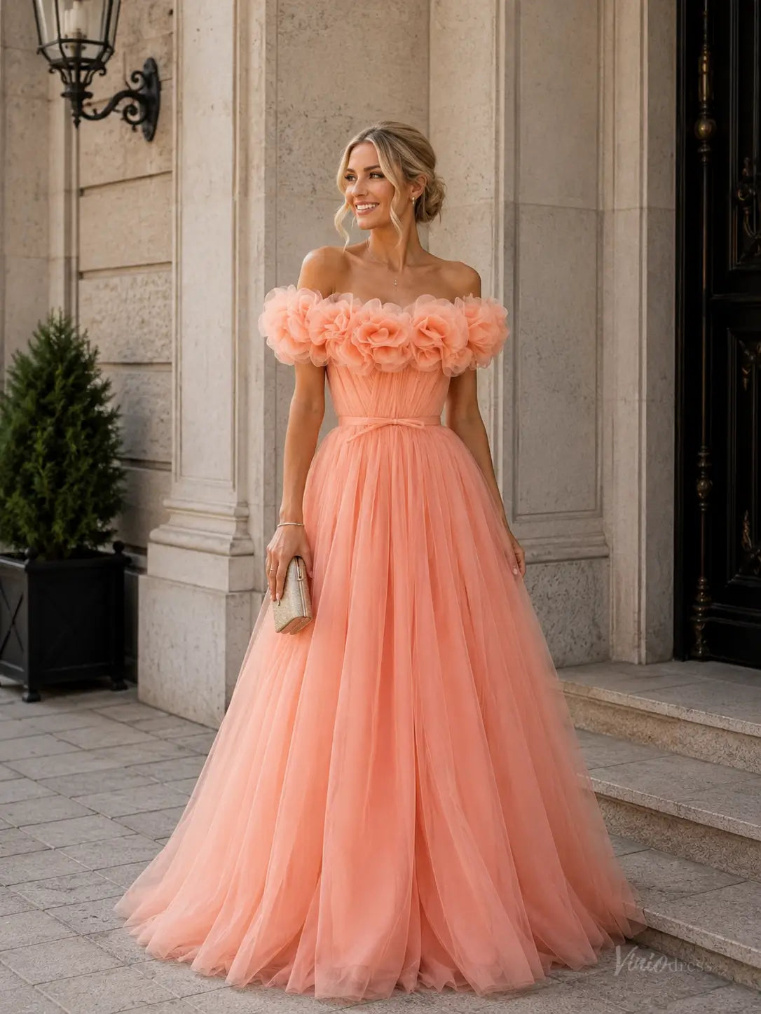 Sage Green Tulle Prom Dresses with 3D Ruffle Flowers, Off-Shoulder Neckline & Corset Back TU037