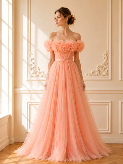 Sage Green Tulle Prom Dresses with 3D Ruffle Flowers, Off-Shoulder Neckline & Corset Back TU037