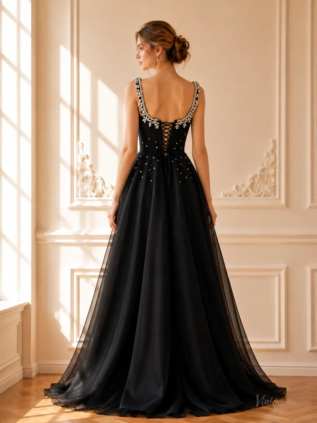 Black Beaded Tulle Prom Dresses with Square Neck & Corset Back TU039