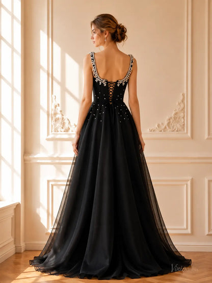 Black Beaded Tulle Prom Dresses with Square Neck & Corset Back TU039