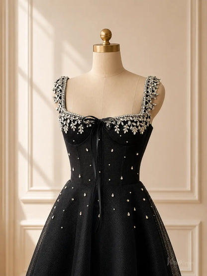 Black Beaded Tulle Prom Dresses with Square Neck & Corset Back TU039