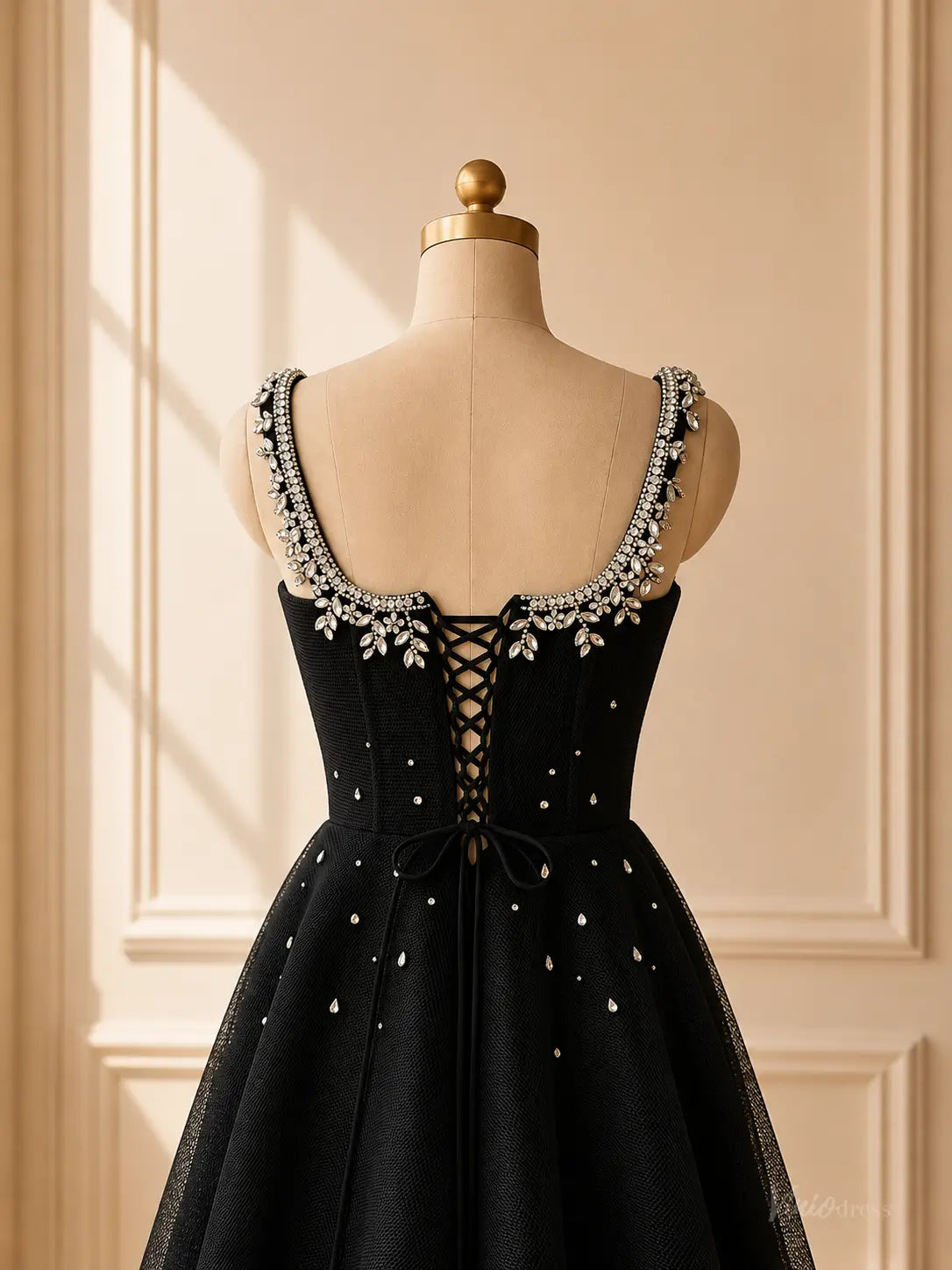 Black Beaded Tulle Prom Dresses with Square Neck & Corset Back TU039