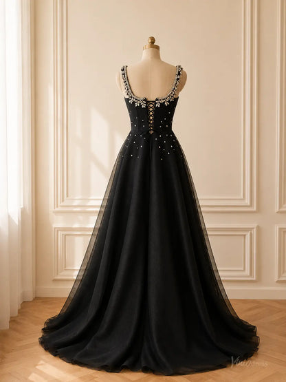 Black Beaded Tulle Prom Dresses with Square Neck & Corset Back TU039