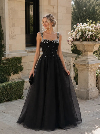 Black Beaded Tulle Prom Dresses with Square Neck & Corset Back TU039