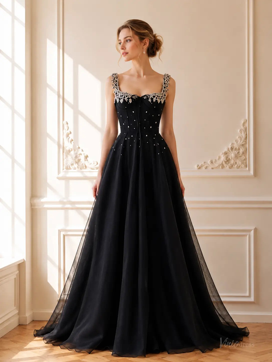 Black Beaded Tulle Prom Dresses with Square Neck & Corset Back TU039