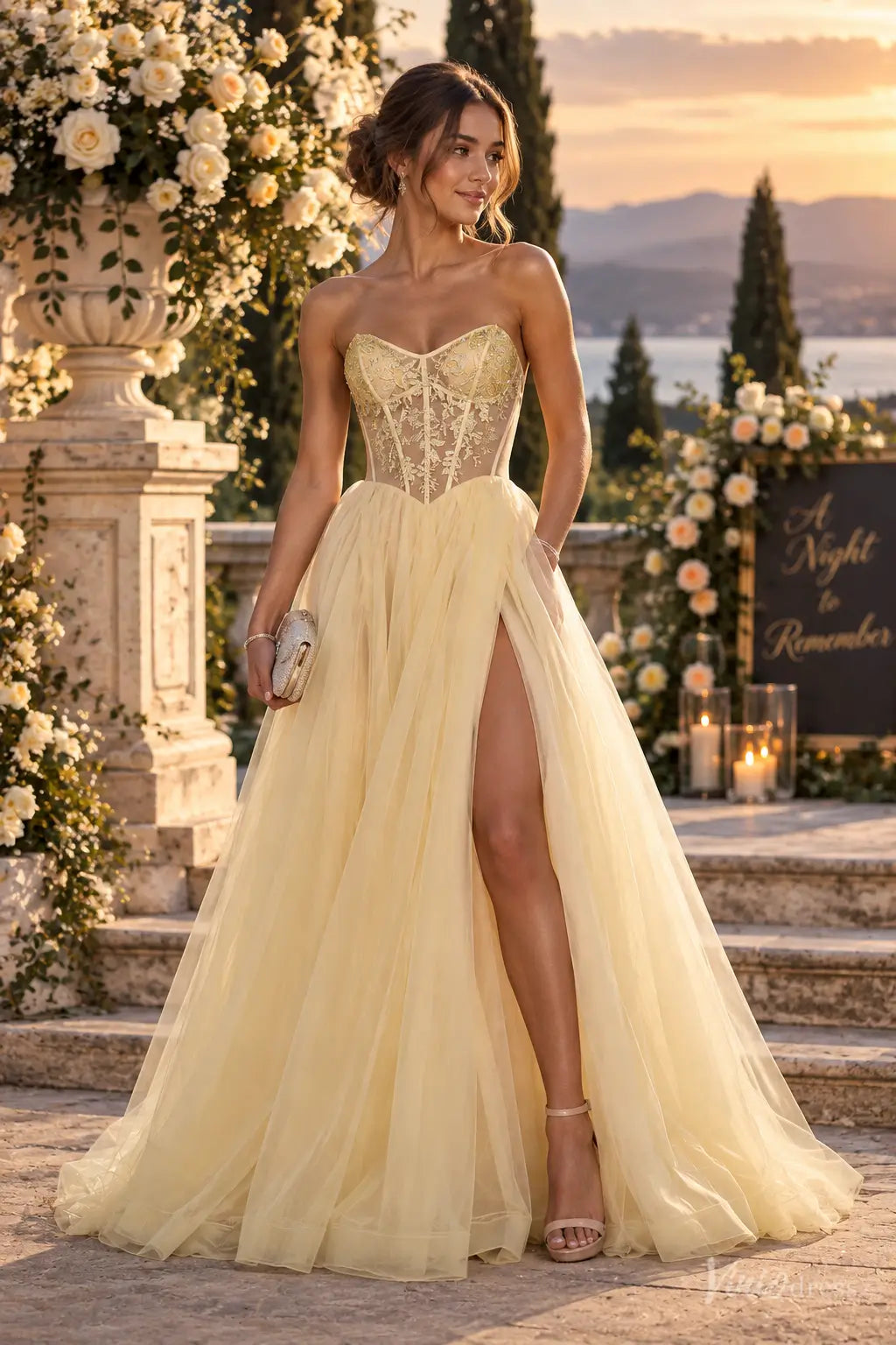 Strapless Lace Corset Tulle Prom Dresses with High Slit & Basque Waist TU040