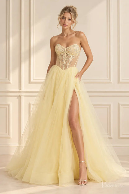 Strapless Lace Corset Tulle Prom Dresses with High Slit & Basque Waist TU040