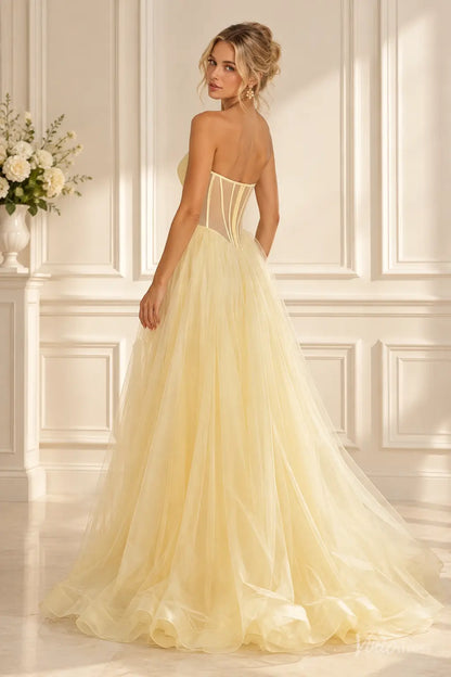 Strapless Lace Corset Tulle Prom Dresses with High Slit & Basque Waist TU040