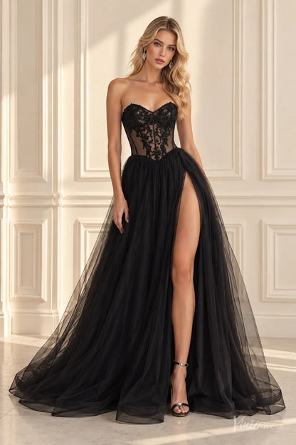 Strapless Lace Corset Tulle Prom Dresses with High Slit & Basque Waist TU040