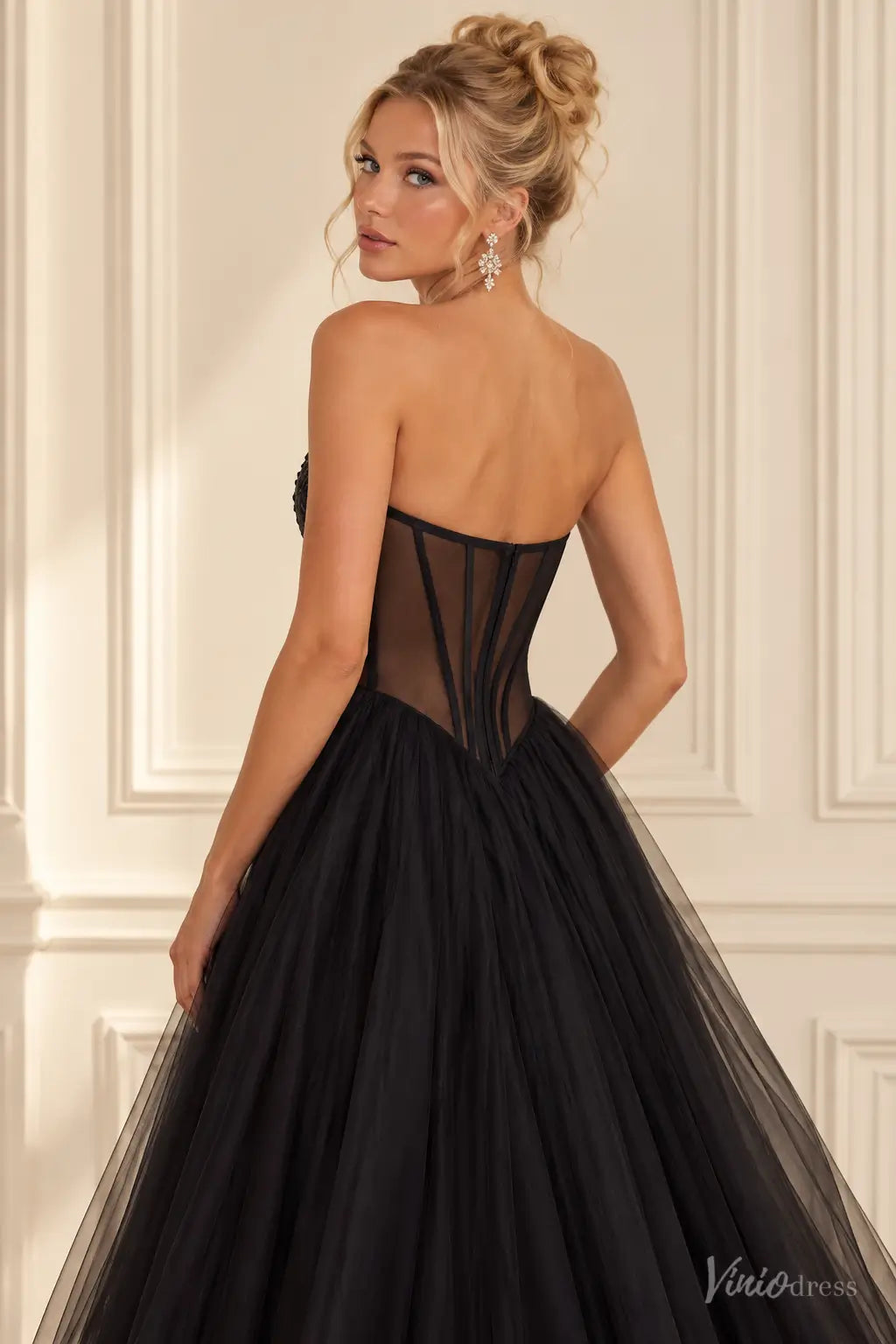 Strapless Lace Corset Tulle Prom Dresses with High Slit & Basque Waist TU040
