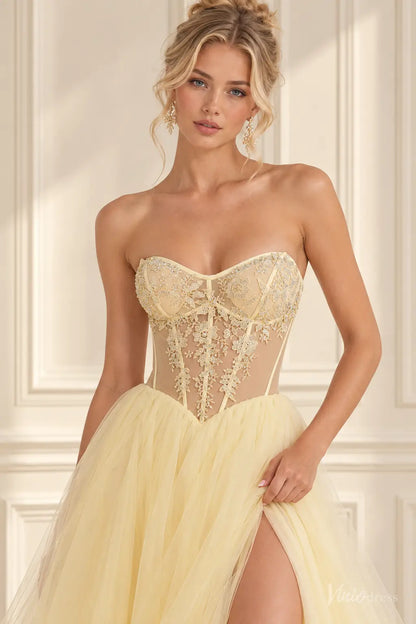 Strapless Lace Corset Tulle Prom Dresses with High Slit & Basque Waist TU040