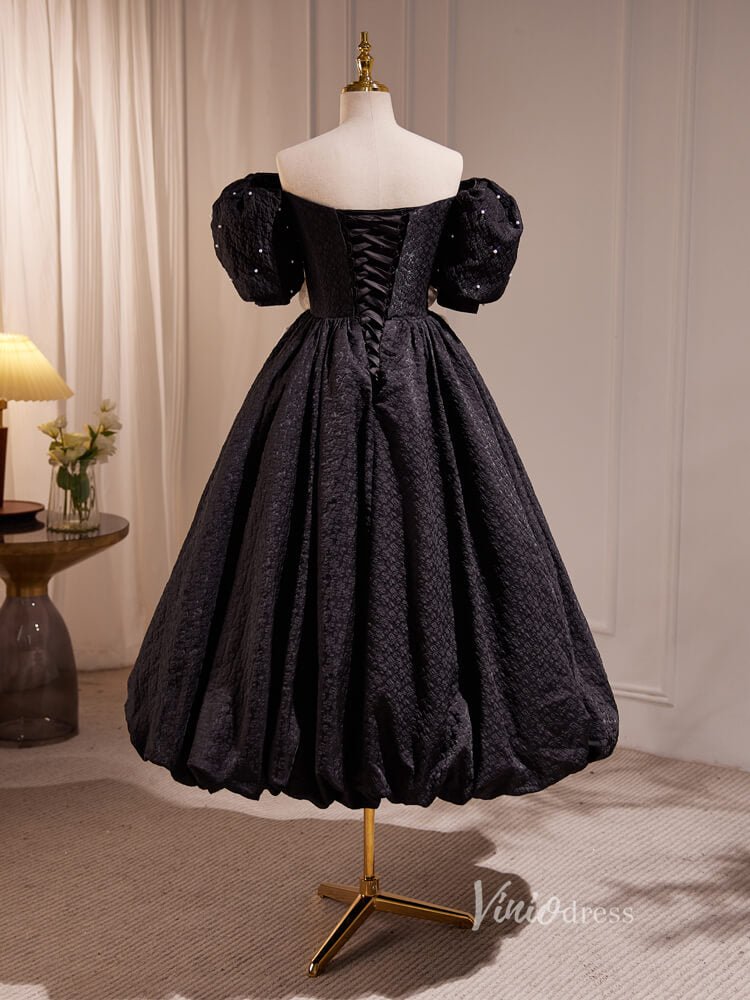 Tea Length Black Prom Dresses Vintage Puff Sleeve Jacquard Cocktail Dress BJ003-prom dresses 2025 -Viniodress-Black-Custom Size-