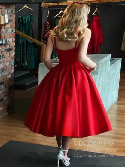 Tea Length Red 60s Party Dresses Simple Prom Dress with Pockets SD1167-prom dresses 2025 -Viniodress-Red-US 2-