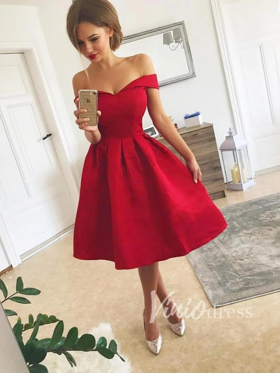 Tea Length Red Prom Dresses Off the Shoulder Hoco Dress SD1137-homecoming dresses-Viniodress-Red-Custom Size-Viniodress