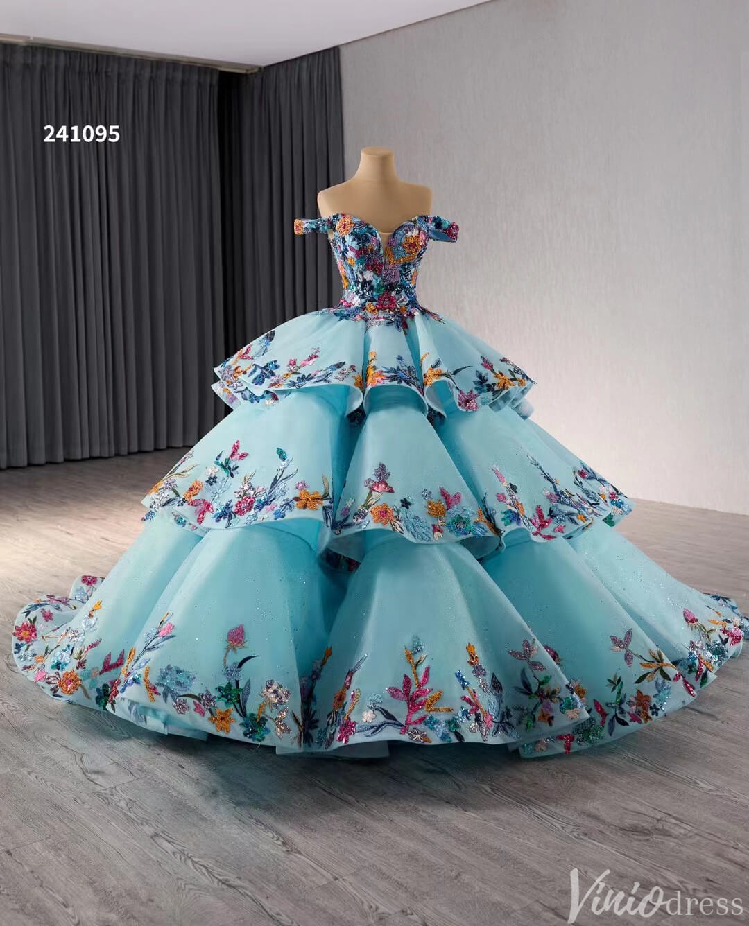 Tiered Blue Quinceanera Dress Off the Shoulder Ball Gown Wedding Dresses 241095-Quinceanera Dresses 2025 -Viniodress-Blue-Custom Size-