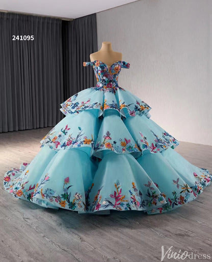 Tiered Blue Quinceanera Dress Off the Shoulder Ball Gown Wedding Dresses 241095-Quinceanera Dresses 2025 -Viniodress-Blue-Custom Size-