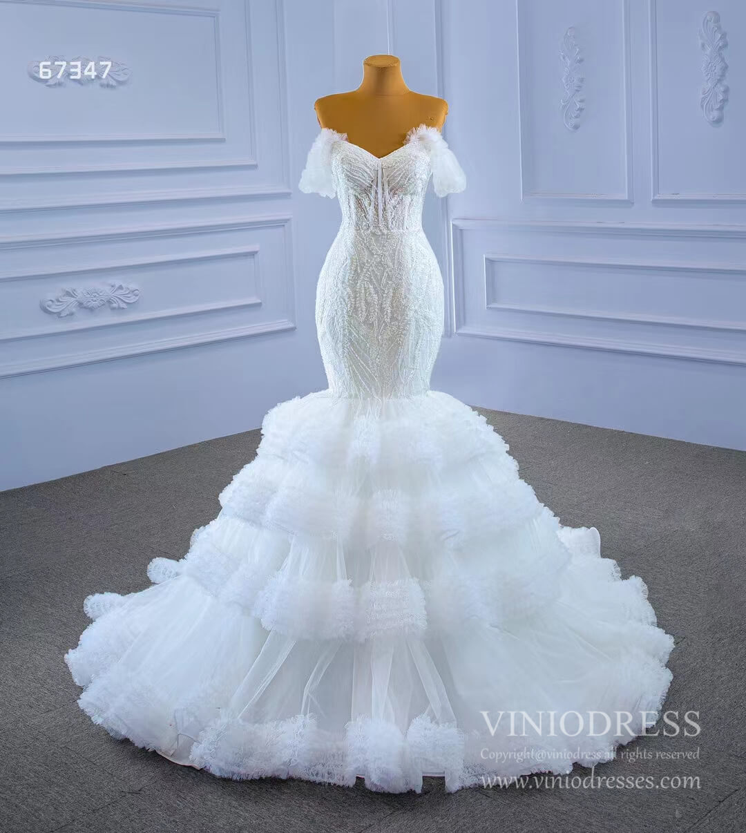 Tiered Ruffle Beaded Mermaid Wedding Dresses 67347-wedding dresses 2025 -Viniodress-Ivory-Custom Size-