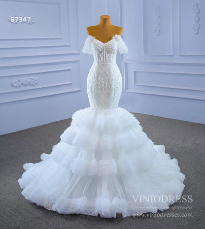 Tiered Ruffle Beaded Mermaid Wedding Dresses 67347-wedding dresses 2025 -Viniodress-Ivory-Custom Size-